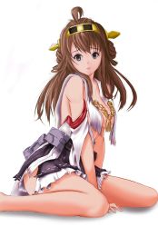 Rule 34 | 10s, 1girl, ahoge, bare shoulders, black eyes, breasts, brown hair, double bun, hair bun, headgear, highres, kantai collection, kaoruchan, kongou (kancolle), legs, lips, long hair, looking at viewer, looking to the side, microskirt, no legwear, nontraditional miko, parted lips, petticoat, pleated skirt, simple background, sitting, sketch, skirt, solo, torn clothes, torn skirt, wariza, white background