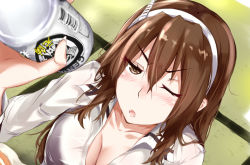 Rule 34 | &gt;;o, 10s, 1girl, ashigara (kancolle), barcode, beer can, blurry, blush, breasts, brown eyes, brown hair, can, cleavage, collarbone, depth of field, drink can, drunk, dutch angle, eyebrows, eyelashes, fang, fingernails, frown, furrowed brow, hair between eyes, hairband, kantai collection, long fingernails, long hair, messy hair, nose blush, one eye closed, open mouth, rinrin kai, solo, v-shaped eyebrows