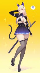 Rule 34 | 1girl, ?, absurdres, animal ears, arm at side, arm behind head, arm warmers, belt, bikini, bikini top only, black belt, black bikini, black footwear, black gloves, black thighhighs, blonde hair, blue skirt, braid, breasts, buckle, cat ears, cat girl, cat tail, collared shrug, commentary request, earrings, fingerless gloves, full body, gloves, gradient background, gradient hair, hair ornament, hairclip, heart, heart-shaped buckle, high heels, highres, jewelry, katana, large breasts, looking at viewer, miniskirt, multicolored hair, necktie, original, pink hair, platform footwear, pleated skirt, purple hair, purple necktie, rekaerb maerd, sheath, sheathed, short necktie, short sleeves, shrug (clothing), side braids, skindentation, skirt, solo, sparkle, spoken question mark, standing, standing on one leg, swimsuit, sword, tail, thighhighs, underboob, underbust, weapon