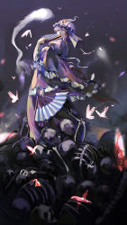 Rule 34 | 1girl, bad id, bad pixiv id, bug, butterfly, covering own mouth, female focus, folding fan, frills, hand fan, hat, highres, hitodama, insect, japanese clothes, kzcjimmy, pink eyes, pink hair, saigyouji yuyuko, skeleton, solo, touhou, wide sleeves