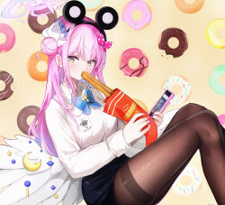 Rule 34 | 1girl, absurdres, alternate costume, animal ears, black skirt, blue archive, blue bow, blue bowtie, blush, bow, bowtie, breasts, brown pantyhose, cellphone, churro, dana (hapong07), doughnut, eating, fake animal ears, feathered wings, feet out of frame, food, food-themed background, hair bun, halo, highres, holding, holding phone, knees up, logo, long hair, long sleeves, looking at viewer, medium breasts, mika (blue archive), miniskirt, mouse ears, pantyhose, phone, pink hair, school uniform, shirt, single side bun, sitting, skirt, solo, very long hair, white shirt, white wings, wings