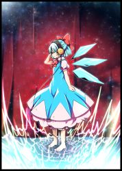 Rule 34 | 1girl, baba (baba seimaijo), barefoot, black border, bloomers, blue dress, blue hair, border, bow, circled 9, cirno, closed eyes, dress, full body, hair bow, headphones, highres, ice, ice wings, listening to music, petticoat, puffy short sleeves, puffy sleeves, red bow, short hair, short sleeves, solo, standing, touhou, underwear, wings