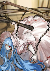 Rule 34 | 1girl, blue hair, bonnet, chain, doll joints, dress, expressionless, frilled dress, frilled sleeves, frills, highres, holding, holding weapon, joints, library of ruina, long hair, long sleeves, nishikujic, pinocchio (project moon), project moon, puppet, puppet strings, red eyes, solo, very long hair, weapon, white dress, white headwear