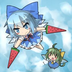Rule 34 | 2girls, advent cirno, blue dress, blue eyes, blue hair, blue sky, blush, cirno, cloud, daiyousei, dress, dual wielding, fairy wings, female focus, flying, food, fruit, gradient background, green hair, hair ribbon, holding, ice, ice wings, ka zhi, multiple girls, nanikoulei, open mouth, outdoors, ribbon, side ponytail, sky, sword, touhou, watermelon, weapon, wings, | |