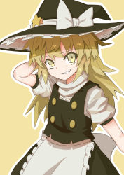 Rule 34 | 1girl, absurdres, arm behind head, black dress, blonde hair, bow, buttons, dress, grin, hat, highres, kirisame marisa, oninamako, smile, solo, star (symbol), touhou, white bow, yellow background, yellow eyes