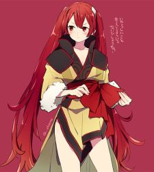 Rule 34 | 1girl, alternate costume, blush, borrowed clothes, closed mouth, fire emblem, fire emblem awakening, guttary, long hair, long sleeves, nintendo, red background, red eyes, red hair, severa (fire emblem), simple background, solo, standing, twintails, twitter username