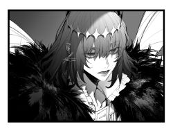 Rule 34 | 1boy, alternate hair color, arthropod boy, au (d elete), black eyes, black hair, collared shirt, crown, diamond hairband, expressionless, eyes visible through hair, fate/grand order, fate (series), fur collar, gradient background, greyscale, insect wings, long sleeves, looking away, male focus, medium hair, monochrome, oberon (fate), oberon (third ascension) (fate), official alternate costume, shirt, signature, solo, spoilers, twitter username, upper body, white shirt, wings