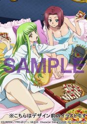 Rule 34 | 2girls, absurdres, bare shoulders, barefoot, bed sheet, blue eyes, blush, breasts, c.c., cheese trail, chocolate, cleavage, code geass, collarbone, dress shirt, eating, food, frilled pillow, frills, fruit, green hair, highres, holding, holding food, holding pizza, kouzuki kallen, long hair, long sleeves, looking at viewer, medium breasts, multiple girls, naked shirt, naked towel, no bra, no panties, nude, official art, on bed, open mouth, pillow, pizza, pizza box, pizza slice, red hair, sample watermark, shirt, short hair, sitting, strawberry, topless, towel, watermark, white shirt, yellow eyes