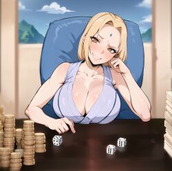 Rule 34 | 1girl, absurdres, ai-assisted, armpits, blonde hair, blush, breasts, chair, cleavage, cloud, coin, day, dice, facial mark, female focus, forehead mark, head rest, highres, indoors, kisou (kisou00), large breasts, long hair, looking at viewer, mature female, money, naruto (series), orange eyes, sitting, sky, smile, solo, table, tsunade (naruto), upper body, window
