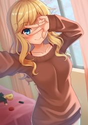 Rule 34 | 1girl, :&gt;, absurdres, bed, blonde hair, blue eyes, blush, breasts, brown sweater, collarbone, commentary request, curtains, highres, idolmaster, idolmaster cinderella girls, indoors, kurisu-kun, long hair, long sleeves, looking at viewer, medium breasts, ohtsuki yui, one eye covered, smile, solo, standing, sweater, w, window