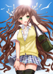 Rule 34 | 1girl, bad id, bad pixiv id, bag, brown hair, day, green eyes, ichinose777, long hair, open mouth, original, ribbon, skirt, sky, solo, thighhighs, vest