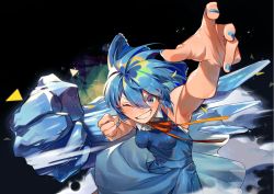 Rule 34 | 1girl, :d, adapted costume, ahoge, arm up, armpits, black background, blue bow, blue dress, blue eyes, blue hair, blue nails, blush, bow, breasts, buttons, cirno, clenched hand, clenched teeth, commentary request, crack, dress, fog, foreshortening, frilled bow, frills, gradient ribbon, grin, hair between eyes, hair bow, hand up, ice, ice wings, light particles, looking at viewer, medium breasts, nail polish, neck ribbon, one eye closed, open mouth, orange ribbon, outstretched arm, power fist, punching, reaching, reaching towards viewer, red ribbon, ribbon, short hair, sleeveless, sleeveless dress, smile, sofa (enogunomu), solo, teeth, touhou, triangle, upper body, wing collar, wings