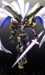 Rule 34 | alphamon, billowing cape, black background, clenched hand, commentary, digimon, digimon (creature), energy sword, floating, hawe king, highres, holding, holding sword, holding weapon, looking at viewer, mecha, no humans, robot, solo, sword, weapon, yellow eyes