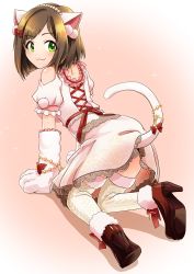 Rule 34 | 1girl, :3, absurdres, all fours, animal ears, animal hands, bow, brown hair, cat ears, closed mouth, clothing cutout, dress, elbow gloves, fur-trimmed legwear, fur trim, gloves, green eyes, hair bow, highres, idolmaster, idolmaster cinderella girls, looking at viewer, looking back, maekawa miku, paw gloves, pink background, red bow, red ribbon, ribbon, short dress, short hair, short sleeves, shoulder cutout, smile, solo, swepot, thighhighs, white dress, white gloves, white thighhighs