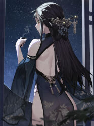 1girl absurdres back_cutout black_dress black_eyes black_hair black_nails blurry chinese_commentary clothing_cutout commentary_request commission cowboy_shot cup depth_of_field dress from_behind hair_ornament hair_stick highres holding holding_cup jewelry kanzashi long_hair mile_miluo night night_sky original parted_lips side_slit sky solo star_(sky) starry_sky