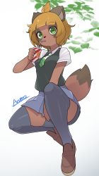 Rule 34 | 1girl, absurdres, animal ears, blonde hair, blue panties, blue skirt, blue thighhighs, cup, disposable cup, drinking, drinking straw, female focus, furry, furry female, green eyes, green necktie, highres, loafers, looking at viewer, multicolored neckwear, necktie, original, panties, raccoon ears, raccoon tail, ryuusui arumo, shoes, signature, skirt, solo, sweater vest, tail, thighhighs, topknot, underwear