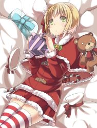 Rule 34 | 1girl, axis powers hetalia, gift, holding, holding gift, liechtenstein (hetalia), solo, somnium, striped clothes, striped thighhighs, stuffed toy, thighhighs