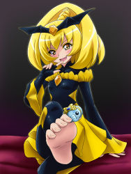 Rule 34 | 10s, 1girl, :d, bad end peace, bad end precure, barefoot, bat wings, bed, bed sheet, between toes, black background, black bodysuit, blonde hair, blush, bodysuit, boots, bow, braid, breasts, crossed legs, dark persona, dress, earrings, elephant, feet, finger to mouth, fingerless gloves, foot focus, foreshortening, frills, gem, gloves, hair ornament, head tilt, heart, high ponytail, highres, holding with feet, jewelry, laughing, long hair, long sleeves, magical girl, mameshiba (pixiv 59310), naughty face, on bed, open mouth, outstretched leg, ponytail, precure, shiny clothes, simple background, sitting, skirt, small breasts, smile, smile precure!, soles, solo, tiara, toes, turtleneck, wide sleeves, wings, wrist cuffs, yellow eyes