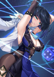 Rule 34 | 1girl, absurdres, aqua eyes, armpits, arms up, black hair, blue hair, blunt bangs, bodystocking, breasts, cleavage, closed mouth, cow, detached sleeves, dice, elze (s01047480836), fingerless gloves, genshin impact, gloves, gradient hair, highres, large breasts, lipstick, long sleeves, looking at viewer, makeup, multicolored hair, purple lips, sky, smile, solo, star (sky), starry sky, string, tassel, white gloves, yelan (genshin impact)