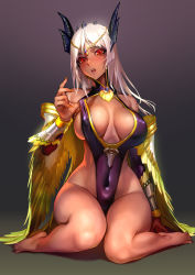 Rule 34 | 1girl, as109, bare legs, barefoot, blush, breasts, breasts apart, brooch, capcom, cleavage, clothes lift, covered erect nipples, covered navel, dark-skinned female, dark skin, diadem, full body, gradient background, head chain, highleg, highleg leotard, highres, horns, jewelry, large breasts, leotard, lifted by self, lips, long hair, looking at viewer, monster hunter (series), nail polish, nose blush, open mouth, orange nails, personification, red eyes, revealing clothes, shagaru magala, sideboob, sitting, solo, tareme, thick thighs, thighs, wariza, white background, white hair, wide hips