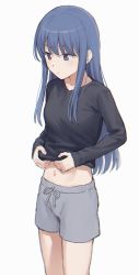 Rule 34 | 1girl, black shirt, blue hair, closed mouth, clothes lift, commentary, cowboy shot, eyebrows hidden by hair, grey shorts, highres, long hair, long sleeves, looking down, midriff, mikazuchi zeus, navel, purple eyes, shima rin, shirt, shirt lift, short shorts, shorts, sidelocks, simple background, solo, standing, white background, yurucamp
