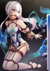 1girl arms_behind_back ball_gag bare_arms bdsm blue_eyes bondage bound bound_arms bow breasts chest_harness cleavage commentary_request gag gagged hair_between_eyes hair_bow harness highres honkai_(series) honkai_impact_3rd kneeling long_hair looking_to_the_side medium_breasts no_shoes one-piece_swimsuit restrained robot saliva side_ponytail sidelocks swimsuit theresa_apocalypse thighhighs white_hair white_thighhighs wiffle_gag yiduan_zhu