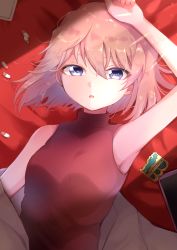 Rule 34 | 1girl, absurdres, arm up, badge, bare shoulders, blue eyes, breasts, brown hair, cellphone, commentary request, english text, haibara ai, hair between eyes, highres, light rays, looking at viewer, lying, meitantei conan, on back, parted lips, phone, pill, red shirt, shirt, short hair, sleeveless, sleeveless shirt, sleeveless turtleneck, small breasts, solo, sunbeam, sunlight, turtleneck, utaso (satsuo)