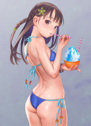 Rule 34 | 1girl, ass, bikini, blue bikini, blunt bangs, braid, breasts, brown eyes, brown hair, commentary request, cup, food, gradient background, grey background, hair ornament, halterneck, holding, holding cup, holding food, ice cream, long hair, looking at viewer, murata range, original, shaved ice, side-tie bikini bottom, single braid, small breasts, solo, string bikini, swimsuit