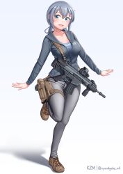 Rule 34 | 1girl, absurdres, artist name, assault rifle, blue eyes, blue shirt, brown footwear, commentary request, fn scar, full body, gradient background, grey hair, grey hoodie, grey pants, gun, hair tie, highres, holster, holstered, hood, hood down, hoodie, kzm (sub-moa works), leg up, long sleeves, looking at viewer, low twintails, medium hair, open mouth, original, pants, partial commentary, partially unzipped, rifle, shadow, shirt, shoes, smile, sneakers, solo, standing, standing on one leg, thigh holster, twintails, twitter username, weapon