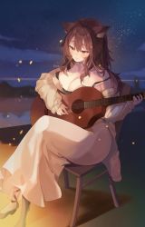 Rule 34 | 1girl, absurdres, animal ear fluff, animal ears, artist name, bare shoulders, black footwear, blush, breasts, brown hair, chair, closed mouth, cloud, collarbone, dress, embers, gogoco, guitar, hair between eyes, highres, holding, holding instrument, instrument, large breasts, crossed legs, long hair, mountain, music, night, night sky, original, outdoors, playing instrument, red eyes, reflection, silhouette, sitting, sky, sleeves past wrists, smile, solo, star (sky), starry sky, water, white dress