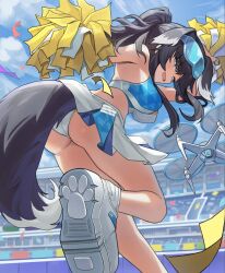 Rule 34 | 1girl, animal ears, ass, bare legs, black hair, blue archive, breasts, cheerleader, confetti, criss-cross halter, dog ears, dog tail, drone, goggles, goggles on head, halterneck, hibiki (blue archive), hibiki (cheer squad) (blue archive), highres, kookie, looking at viewer, looking to the side, medium breasts, millennium cheerleader outfit (blue archive), miniskirt, multicolored clothes, multicolored skirt, official alternate costume, outdoors, panties, pom pom (cheerleading), ponytail, shoes, skirt, sneakers, solo, sports bra, standing, standing on one leg, tail, tail under clothes, two-tone sports bra, underwear, wedgie, white panties