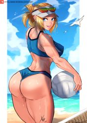 Rule 34 | 1girl, artist name, ass, back, ball, beach, beach volleyball, bikini, blonde hair, blue eyes, blue sky, breasts, capcom, curvy, final fight, final fight 3, highres, holding, holding ball, huge ass, large breasts, looking back, lucia morgan, medium hair, muscular, muscular female, ocean, ponytail, sky, smile, solo, street fighter, street fighter v, sunglasses, swimsuit, thick thighs, thighs, toned, visor cap, volleyball, volleyball (object), wedgie, wet, xhaart
