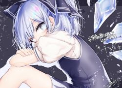 Rule 34 | 1girl, black dress, blue eyes, blue hair, bow, cirno, dress, from side, hair bow, ice, ice wings, long hair, looking at viewer, looking to the side, mokokiyo (asaddr), puffy short sleeves, puffy sleeves, short sleeves, sitting, snowflakes, solo, symbol-shaped pupils, touhou, wings