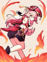 Rule 34 | 1girl, :o, antlers, ass, black bloomers, bloomers, blush, breasts, detached sleeves, fire, genshin impact, green eyes, hair between eyes, hat, highres, horns, long hair, looking at viewer, looking back, mikaku (vbvpahw9), parted lips, pink hair, pom pom (clothes), red hat, scales, simple background, small breasts, solo, tassel, underwear, very long hair, yanfei (genshin impact)