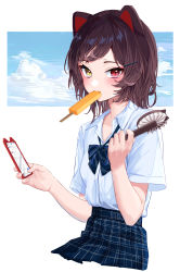 Rule 34 | 1girl, absurdres, animal ears, blue bow, blue bowtie, blue skirt, bow, bowtie, brown hair, cellphone, collared shirt, dog ears, electric fan, food, food in mouth, hair ornament, hairclip, hand fan, heterochromia, highres, holding, holding fan, holding phone, inui toko, kei-chan (ultimatekeichan), looking at viewer, medium hair, mouth hold, nijisanji, phone, plaid, plaid skirt, pleated skirt, popsicle, red eyes, shirt, short sleeves, skirt, smartphone, solo, striped bow, striped bowtie, striped clothes, virtual youtuber, white shirt, yellow eyes