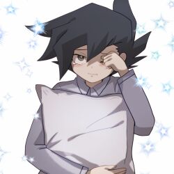 Rule 34 | 1boy, black hair, closed eyes, collared shirt, facing viewer, green eyes, holding, holding pillow, long sleeves, looking at viewer, male focus, manjoume jun, medium hair, one eye closed, p baby blue, pajamas, pillow, shirt, solo, sparkle background, tears, upper body, white background, white shirt, yu-gi-oh!, yu-gi-oh! gx