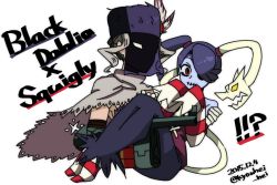 Rule 34 | 2girls, arm cannon, black dahlia, blue hair, blue skin, cape, carrying over shoulder, colored skin, cyborg, dress, fur hat, grenade launcher, hair over one eye, hat, kyouhei hei, leviathan (skullgirls), long sleeves, mask, multiple girls, pillbox hat, skullgirls, socks, squigly (skullgirls), stitched mouth, stitches, striped clothes, striped sleeves, striped socks, weapon, white background, zombie