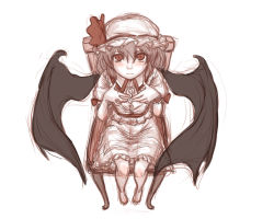 Rule 34 | 1girl, barefoot, bat wings, blush, dress, female focus, from above, highres, kuro suto sukii, legs, looking up, monochrome, red eyes, remilia scarlet, short hair, sitting, solo, touhou, wings