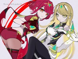 Rule 34 | 2girls, artist request, ass, blonde hair, breasts, copyright name, dual persona, female focus, matching hair/eyes, multiple girls, mythra (massive melee) (xenoblade), mythra (xenoblade), nintendo, pantyhose, pyra (xenoblade), red eyes, red hair, super smash bros., tagme, xenoblade chronicles (series), xenoblade chronicles 2, yellow eyes