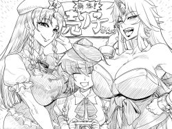 Rule 34 | 3girls, bare shoulders, breasts, camera, cleavage, cuffs, female focus, greyscale, hat, hong meiling, horns, hoshiguma yuugi, large breasts, long hair, monochrome, multiple girls, numahana, oni, pointy ears, shackles, shameimaru aya, single horn, smile, text focus, tokin hat, touhou, translation request, upper body, white background