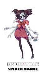 Rule 34 | 1girl, bow, cake, extra arms, extra eyes, fangs, food, high heels, highres, arthropod girl, monster girl, muffet, ribbon, solo, spider girl, tea, teapot, thighhighs, undertale