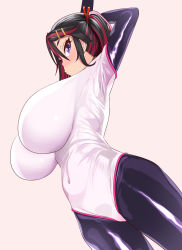 Rule 34 | 1girl, ariduka formica, arms up, black hair, blush, bodysuit, breasts, covered navel, curvy, dutch angle, formica kawaii, hair ornament, hair ribbon, hairclip, highres, huge breasts, impossible clothes, latex, latex bodysuit, looking at viewer, looking down, multicolored hair, oppai loli, puckered lips, purple eyes, red hair, ribbon, shortstack, simple background, skin tight, solo, streaked hair, stretching, virtual ant channel, virtual youtuber, white background