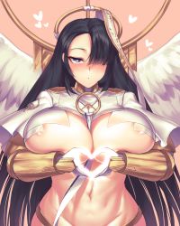 Rule 34 | 1girl, :o, angel, angel wings, areola slip, azazel (last origin), between breasts, black hair, blush, breast lift, breasts, ckhd, covered erect nipples, feathered wings, gloves, hair over one eye, halo, heart, heart-shaped pupils, heart hands, highres, huge breasts, last origin, long hair, looking at viewer, navel, nose blush, parted bangs, pink background, purple eyes, revealing clothes, shrug (clothing), simple background, solo, stomach, symbol-shaped pupils, very long hair, white gloves, white wings, wings