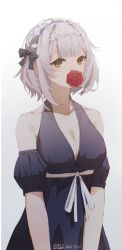 Rule 34 | 1girl, absurdres, bare shoulders, black dress, blush, bow, breasts, cleavage, collarbone, dress, flower, flower in mouth, genshin impact, hair bow, highres, large breasts, maid headdress, medium breasts, noelle (genshin impact), red flower, red rose, rose, solo, swkl:d, white background, white hair, yellow eyes