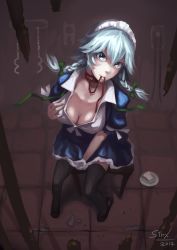 Rule 34 | 1girl, black thighhighs, braid, bread, breasts, cell, chair, cleavage, collar, eyelashes, female focus, food, from above, full body, green eyes, highres, izayoi sakuya, large breasts, leash, looking at viewer, maid, maid headdress, mouth hold, prison cell, grabbing own breast, short hair, silver hair, sinxcon, sitting, solo, thighhighs, touhou, twin braids