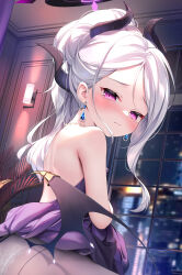 Rule 34 | 1girl, absurdres, bare shoulders, blue archive, blush, breasts, chen bin, dress, earrings, grey pantyhose, hair ribbon, halo, highres, hina (blue archive), hina (dress) (blue archive), horns, jewelry, looking at viewer, medium hair, multiple horns, pantyhose, purple dress, purple eyes, ribbon, small breasts, solo, swept bangs, thighs, white hair, wings