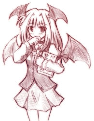 Rule 34 | 1girl, armband, bat wings, book, bow, bowtie, choker, collared shirt, commentary request, cowboy shot, dress shirt, finger to mouth, head wings, holding, holding book, juliet sleeves, koakuma, light smile, long hair, long sleeves, looking at viewer, monochrome, puffy sleeves, shirt, sketch, skirt, solo, standing, tokiniwa, touhou, vest, white shirt, wings