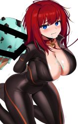 Rule 34 | 1girl, animal collar, arms behind back, bar censor, biker clothes, blue eyes, bound, bound wrists, breasts, censored, cleavage, collar, food, guardian tales, highres, ice cream, large breasts, long hair, movie star eugene, ndgd, open clothes, red hair, skin tight, solo focus, trembling, white background