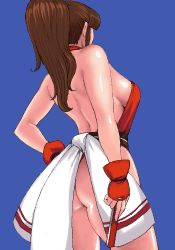 Rule 34 | 1girl, ass, blue background, breasts, fatal fury, halterneck, high ponytail, lowres, matoyama, oekaki, ponytail, real bout, revealing clothes, shiranui mai, sideboob, simple background, snk, solo, the king of fighters