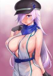Rule 34 | 1girl, absurdres, black gloves, blue scarf, blush, breasts, brown hat, cabbie hat, check copyright, commentary request, copyright request, covered erect nipples, cowboy shot, crescent, crescent hat ornament, gloves, hair between eyes, hair over one eye, hat, hat ornament, highres, hot, large breasts, leotard, long bangs, long hair, looking at viewer, open mouth, original, pink hair, purple eyes, scarf, see-through, see-through leotard, sinzen, solo, sweat, white leotard